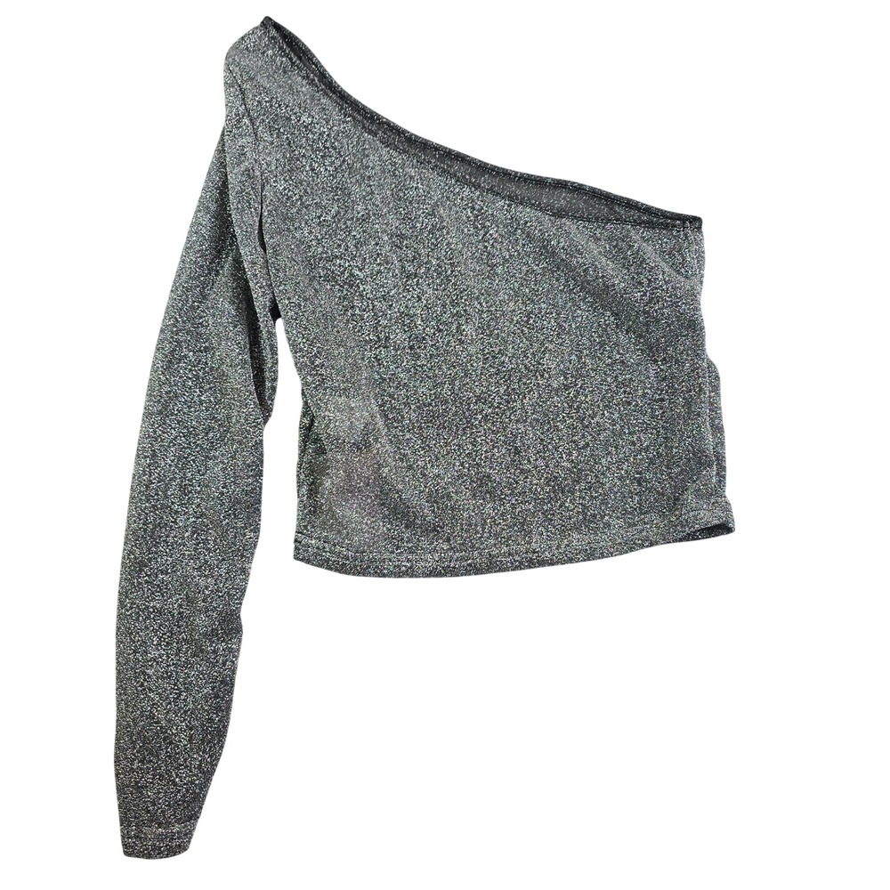 One Shoulder Glitter Top Women Small Silver Metallic Long Sleeve Crop Club Party